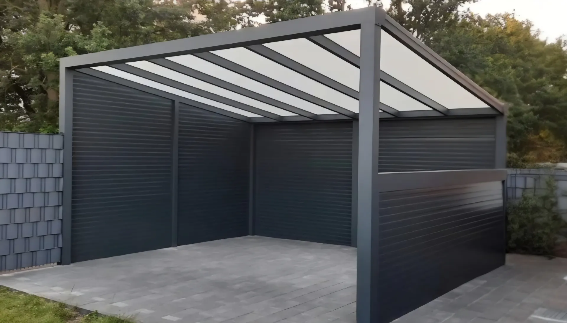 Carport aus Aluminium mit Lamellen-Seitenwänden und opaler Eindeckung