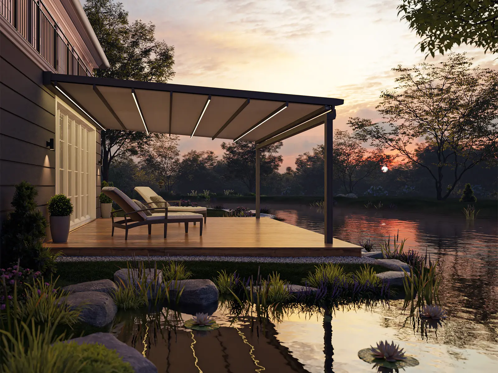 Freistehende Pergola aus Aluminium am Wasser, Abendstimmung